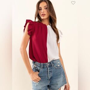 NEW! Crimson and White Game Day Ruffle Sleeveless Woven Blouse Top!